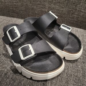 Papilio By Birkenstock Black Double Strap Sandals with White Buckles